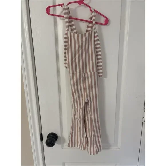 Girls Striped Beige White Sleeveless Jumpsuit 100% Cotton Size 110 - Picture 5 of 5